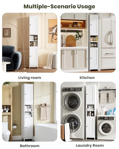 HAIOOU Tall Narrow Bathroom Storage Cabinet with Light for Small Spaces | 11.8"W Skinny Bathroom Cabinet with Adjustable Glass Shelves,Standing Slim Cabinet for Bathroom, Living Room, White - color: White