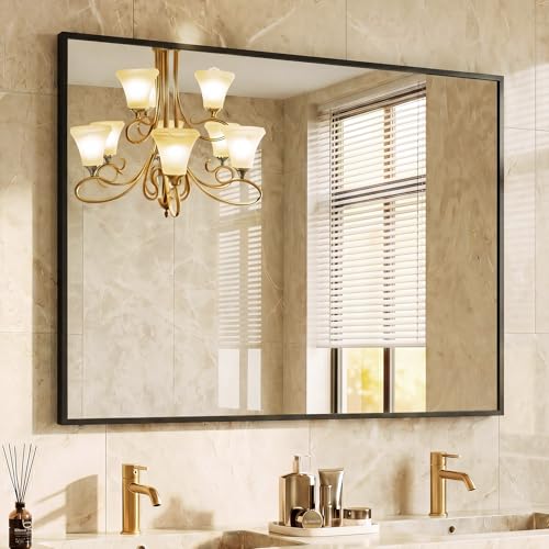 DUMOS Bathroom Mirror for Over Sink, 40"x30" Rectangle Wall Mount Mirror | Modern Vanity Mirrors with Tempered Glass and Metal Frame, Anti-Rust, Horizontal or Vertical for Home Decor, Black - color: Black-right Angle, size: 40"L x 30"W
