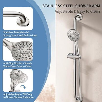 BRIGHT SHOWERS Slide Bar Shower Set with Handheld Shower Head, ADA-Compliant Stainless Steel Grab Bar, Adjustable Height and 69-Inch Hose, Brushed Nickel - color: Brushed Nickel
