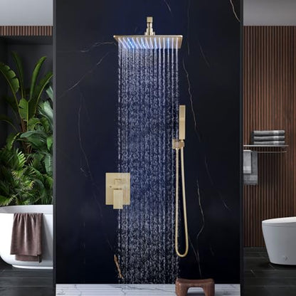 Aolemi Shower Faucet Set with Valve Handheld 16" LED Head Brushed Gold | Handheld Spray,16 Inch Rain LED Head,Valve and Trim Kit,All Metal,Wall Mount Shower System,Bathroom Mixer - color: Gold, size: 16 Inch LED Shower Head