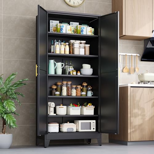 PAOFIN Kitchen Pantry Storage Cabinet with Doors and Adjustable Shelves, Metal ClosetMaid Food Pantry Cabinets, 75" Tall Freestanding Cupboard for Kitchen, Laundry or Utility Room, Black - color: Black, size: 75"-5 Adjustable shelves