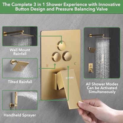 VANFOXLE Shower Faucet Set Brushed Gold Shower System, Push Button Diverter | 10 Inch Wall Mount Rain Head Increased Thick, 6 Inch Side Head, 2-in-1 Handheld Sprayer, Solid Brass Valve, Rust Resistant - color: Brushed Gold