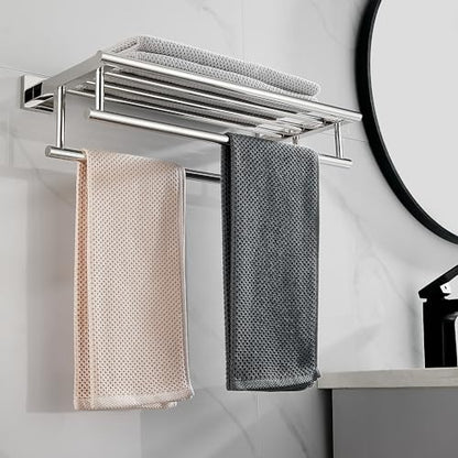 Towel Rack with Shelf 20 Inch Double Towel Racks for Bathroom Polished Chrome Bath Towel Holder SUS304 Stainless Steel Towel Rack Wall Mounted Modern Towel Hanger - color: Polished Chrome, size: 20 Inch/ 50cm