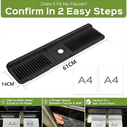 Silicone Faucet Mat for Kitchen Sink, Kitchen Sink Splash Guard Behind Faucet, Added Button Design to Effectively Prevent Water from Slipping Along the Faucet (Black, 24" x 5.5")