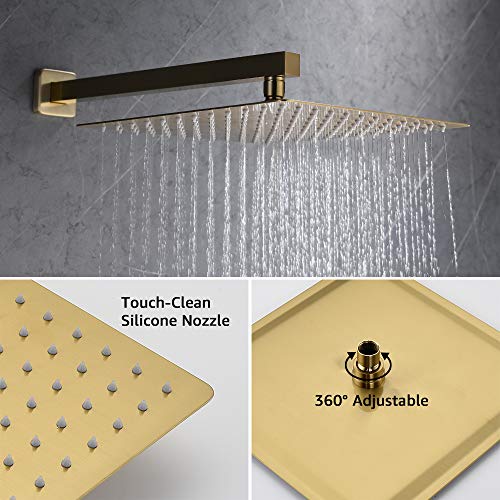 Iriber Brushed Gold Rain Shower System with 10 Inch Shower Head and Handheld Bathroom Wall Mounted Shower Set Contain Shower Faucet Mixer and Trim Kit (Valve Included) - color: Brushed Gold 04