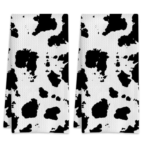 2 Pack Hand Towels Black and White Cow Texture Kitchen Towel Absorbent Decorative Towels Set for Drying,Cleaning,Cooking,Bathroom,Holiday 16x24 Inches - color: Black and White Cow Texture