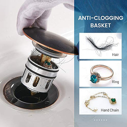 Bathroom Sink Drain, Vessel Sink Pop Up Drain with Detachable Basket Stopper,Anti-Explosion and Anti-Clogging Drain Strainer, Sink Drain Assembly Without Overflow Oil Rubbed Bronze, REGALMIX RWF082C - color: Oil-rubbed Bronze, size: Without Overflow
