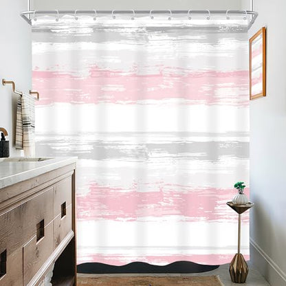 Abstract Gray Pink Women Modern Striped Neutral Bathroom Shower Curtain Set | 72Wx72H Geometric Watercolor design, waterproof HD print with fast-drying fabric and 12 hooks. - color: A3-pink Grey, size: 72"W x 72"L (Pack of 1)