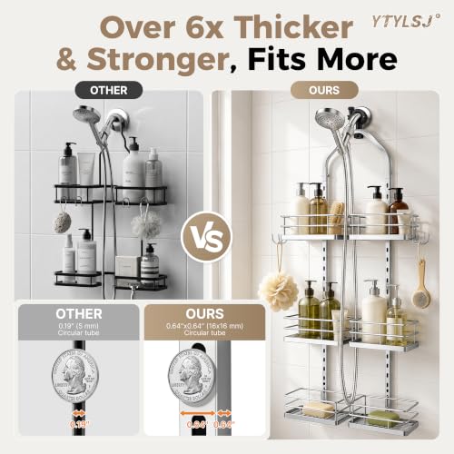 3-Tier Hanging Shower Caddy, Stainless Steel with Dual Clamp, Silver | Heavy-duty stainless steel, adjustable shelves for large families, Rustproof, tool-free install, Fits handheld showerheads - color: 3 Tier-Silver