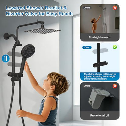 Metal 12" Rain Showerhead with 10-Spray Handheld, Easy Reach 4-way Diverter | Oil Rubbed Bronze Finish, NSF/ANSI/CAN 372 Certified, High Pressure Shower Head with Pause Mode, 71" Hose/12" Extension Arm - color: Oil Rubbed Bronze, style: Square 12"