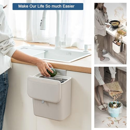 Kitchen Compost Bin Cabinet Hanging Small Trash Can with Lid 2.4 Gallon | Food Waste Bin for Counter Top Under Sink Rv Wall Mounted Bathroom Trash Can - color: grey
