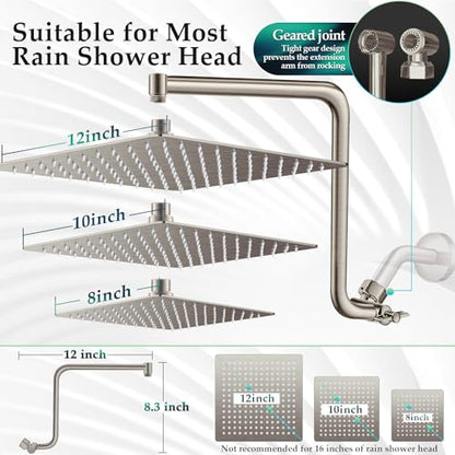 Rain Shower Head Extension Arm, Upgrade 12 Inch Metal Shower Extend Arm, Height/Angle Adjustable Curved Showerhead Extender with 1/2 Universal Connection, Flexible Rise or Lower Shower Head Nickel - color: Nickel