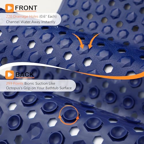 Yimobra Bathtub Mat Non Slip, 34.5"X15.5" Long Shower Mat for Inside Shower, Machine Washable Bath Mat with Drain Holes & Strong Suction Cups, Soft on Feet, Bathroom Essentials, Dark Blue - color: Dark Blue, size: 34.5 X 15.5 Inch