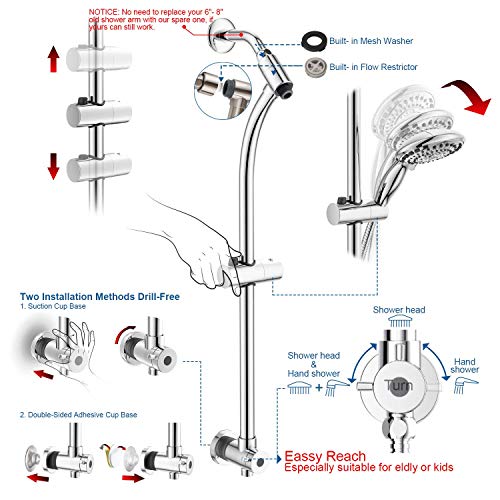 Handheld Showerhead & Rain Shower Combo for Easy Reach, 27.5" Drill-free Stainless Steel Slide Bar, 5”of 5-setting Handheld Shower and Showerhead, with 5ft Hose - Polished Chrome - color: Polished Chrome