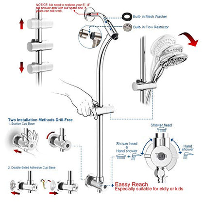 Handheld Showerhead & Rain Shower Combo for Easy Reach, 27.5" Drill-free Stainless Steel Slide Bar, 5”of 5-setting Handheld Shower and Showerhead, with 5ft Hose - Polished Chrome - color: Polished Chrome