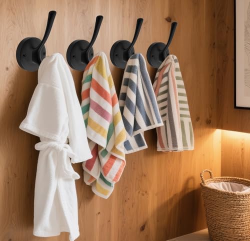 TOFIIGREM Matte Black Wall Hooks, 4 Pack Heavy Duty Coat Towel Hook Metal Double Backpack Hook Wall Mounted, Bath Towel Hooks for Entryway Cubicle Bathroom Closet Garage - color: Black, size: 4 Pack