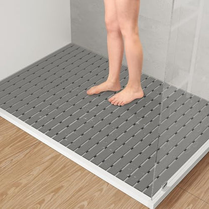 Yolife PVC Large Shower Mat, 35.4 × 24 Inch Non Suction Cup Non Slip Shower Floor Mat, Easy to Cut & Curlable Stand Up Shower Stall Mat, Heavy Duty Bath Shower Mats for Inside Shower - color: Grey