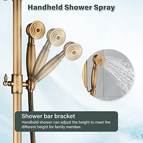 NeierThodore Antique Brass 8-Inch Bathroom Shower Faucet System Rainfall Shower Head Wall-Mounted Dual Cross Handle Bathtub Shower Mixer Tap with Hand Sprayer - color: Antique Brass, size: 8 Inch 3 Modes