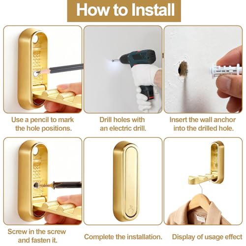 6 Pack Folding Wall Hooks – Heavy Duty Gold Coat Hooks, Foldable Zinc Alloy Wall Mount Hooks for Hanging Coats, Hats, Towels, Bags, Keys, Robes, Christmas Socks & Wreaths – Holds up to 55 lbs - color: Gold 6 Pack