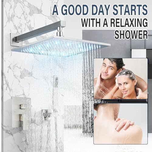 Brushed Nickle Shower System 12 Inch LED Rainfall Shower Head Brass Handheld Combo Set Bathroom Rain Shower Mixer Shower Rough-in Valve Body and Trim Included
