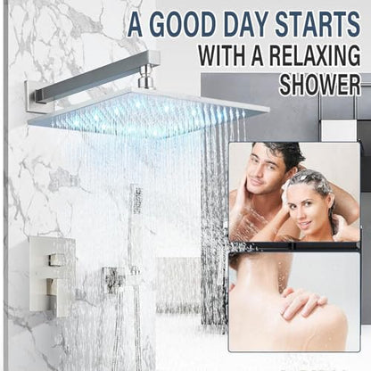 Brushed Nickle Shower System 12 Inch LED Rainfall Shower Head Brass Handheld Combo Set Bathroom Rain Shower Mixer Shower Rough-in Valve Body and Trim Included