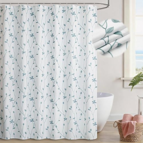 Embroidered Leaf Farmhouse Shower Curtain,Faux Linen,72Wx72L,White Teal | Boho Modern Shower Curtain Set, Washable & Waterproof Fabric, Floral Shower Curtains for Bathroom with Hooks - color: White Teal
