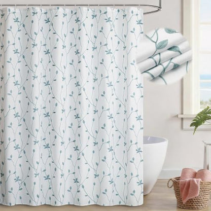 Embroidered Leaf Farmhouse Shower Curtain,Faux Linen,72Wx72L,White Teal | Boho Modern Shower Curtain Set, Washable & Waterproof Fabric, Floral Shower Curtains for Bathroom with Hooks - color: White Teal