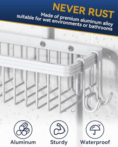 Never Rust Shower Caddy Hanging, Aluminum Shower Racks for Inside Shower, 2-Tier Shower Organizer Hanging Over Shower Head with Hooks and Soap Holder, White - color: White