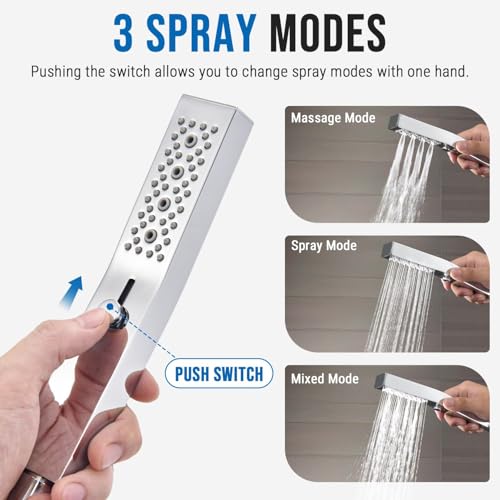 G-Promise All Metal 3-Function Handheld Shower Wand | Built to Last, Easy Install, with On/Off Switch Holder, Extra Long Hose, Modern Upgrade - color: Chrome, style: Square