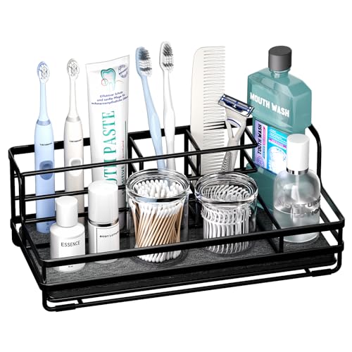 HapiRm Toothbrush Holders for Bathroom - 5 Partitions Bathroom Counter Organizer with Instant Drying Stone, Stainless Steel Countertop Storage Electric Toothbrush Toothpaste Holder - Black - color: Black