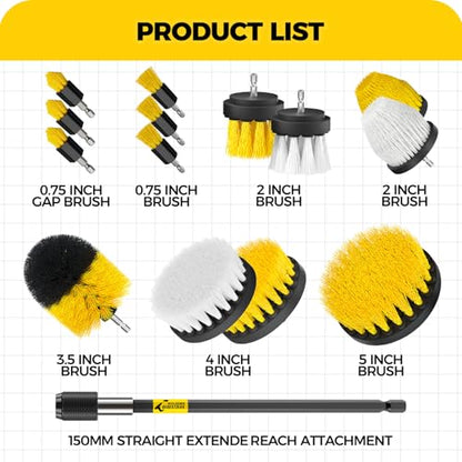 Holikme 15pcs Drill Brush Set, Power Scrubber Kit for Grout, Tile, Bathroom | 14 nylon brush heads in multiple sizes, 1 extended reach rod, for tile, tubs, showers, floors, gaps and kitchen cleaning