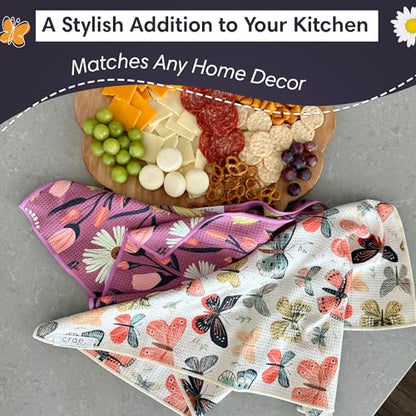 Microfiber Hand Towel & Washcloth Set, Double-Sided Waffle Weave Set of Two | Super Absorbent, Lint-Free, Fast Drying, Wings & Flower Farm Pattern, Purple/Cream, Bathroom, Kitchen, Car & Window Cloth Set - color: Wings & Flower Farm - Purple/Cream, size: