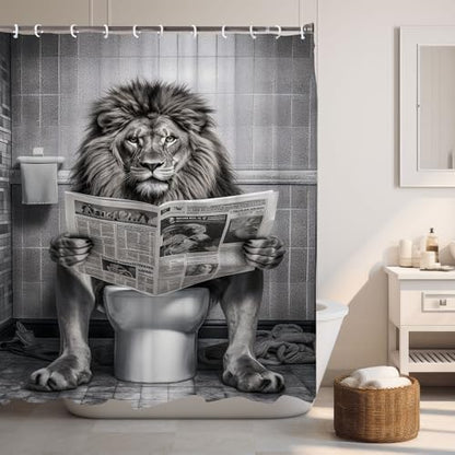 Funny Lion Shower Curtain, Fancy Humor Leo Animal on Toilet Shower Curtains Set, Black and White Funky Shower Curtains, Large Cat Man Grey Bathroom Curtain 72x72 inch | Fancy Humor Leo Animal on Toilet Shower Curtains Set, Funky Shower Curtains , Large Ca
