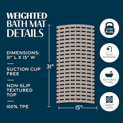 SlipX Solutions 31"x15" Weighted Non Slip Bath Mat for Textured Tubs, Tan | No Suction Cup Design, Safe For Refinished Bathtubs & Showers, Doesn't Float, Stays Put On Tile, Texture, & Stone - color: Tan