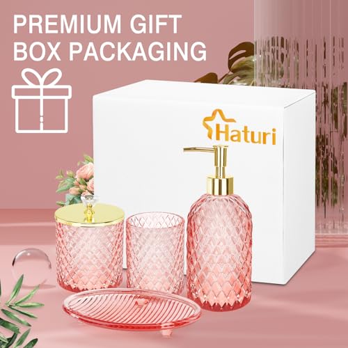 Haturi Glass Bathroom Accessories Set, Light Pink Bathroom Set, 4 Pcs | Kit w/ Bathroom Soap Dispenser Set, Toothbrush Holder, Qtip Holder, Vanity Tray, Pink Bathroom Decor, Gift for Home Apartment - style: Light Pink