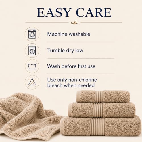 Towel Set for Bathroom, 3 Piece Turkish Cotton Bath Hand and Wash Towels | Mixed size set in Taupe Quartz, 600 gram weight. Double stitched hems suit family and guest use. - color: Taupe Quartz