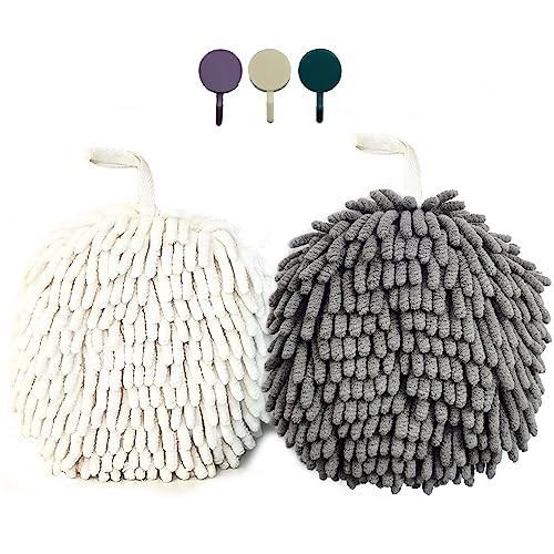 Chenille Hand Towel, Cute Flat Ball Shape, Thickened Sponge Instant Absorbent Quick-Drying Towel, Kitchen Bathroom Hanging Convenient Quick-Drying (White Gray) - color: White Gray