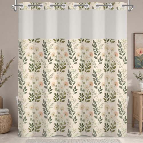 Dandelion Floral Shower Curtain with Snap in Liner, 71x74 Inch | No Hooks Needed Waterproof Bath Curtain with Mesh Top, Sage Green Botanical & Wildflower Design for Farmhouse Bathroom Decor - color: Botanical & Floral