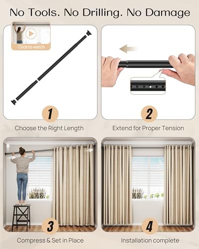 Extra Long Tension Curtain Rod No Drill by EZFurni, 82–123 Inch Heavy Duty Tension Rod with Lock-In Stability, Spring-Loaded Non-Slip Secure Hold for Shower, Window, Patio, 1.26" Diameter, Black - color: Black, size: 82-123 Inches