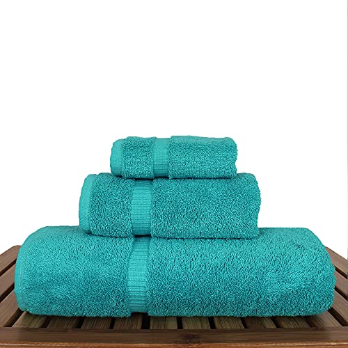 Luxury Hotel & Spa Quality Collection, Quick Dry 100% Turkish Cotton, 750+ GSM, Eco Friendly Towel Set, Bathroom and Kitchen Dobby Border Towels, Bath Towel, Hand Towel, Washcloths (3 Piece, Aqua) - color: Aqua Blue, size: Bundle Set of 3