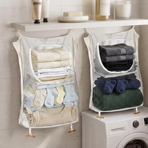 Tranqun 3 Pcs over The Door Hanging Laundry Hamper Mesh Laundry Bag | 65 x 19.7 in Hanging Laundry Bag with Pockets, Hooks, Behind The Door Clothes Organizer, for Bathroom Apartment College Dorm