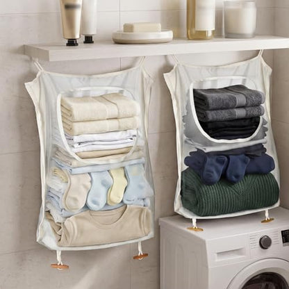 Tranqun 3 Pcs over The Door Hanging Laundry Hamper Mesh Laundry Bag | 65 x 19.7 in Hanging Laundry Bag with Pockets, Hooks, Behind The Door Clothes Organizer, for Bathroom Apartment College Dorm