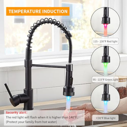Kitchen Faucet with Pull Down LED Light Sprayer Black | Stainless Steel NSF Certified,1 Handle Faucet,Farmhouse Camper Laundry Utility Rv Wet Bar Sinks,Deck Plate 1,3 Hole - color: A - Black