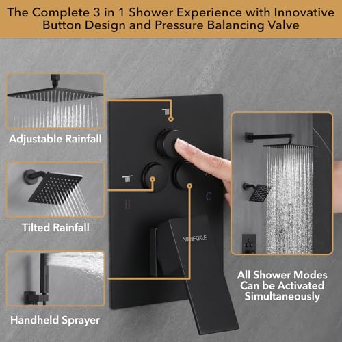 VANFOXLE Shower Faucet Set Matte Black Shower System, Push Button Diverter | 10 Inch Wall Mount Rain Head Increased Thick, 6 Inch Side Head, 2-in-1 Handheld Sprayer, Solid Brass Valve, Rust Resistant - color: Matte Black