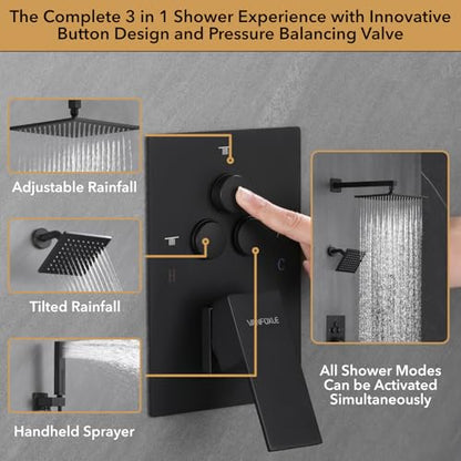 VANFOXLE Shower Faucet Set Matte Black Shower System, Push Button Diverter | 10 Inch Wall Mount Rain Head Increased Thick, 6 Inch Side Head, 2-in-1 Handheld Sprayer, Solid Brass Valve, Rust Resistant - color: Matte Black