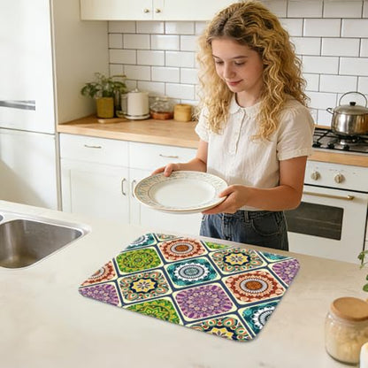 Mandala Dish Drying Mat for Kitchen Counter 18"x24" Mexican Flower Absorbent Dish Draining Mat Retro Floral Large Heat Resistant Coffee Mats for Table Faucet Sink Coffee Bar Refrigerator - style: Mandala pattern