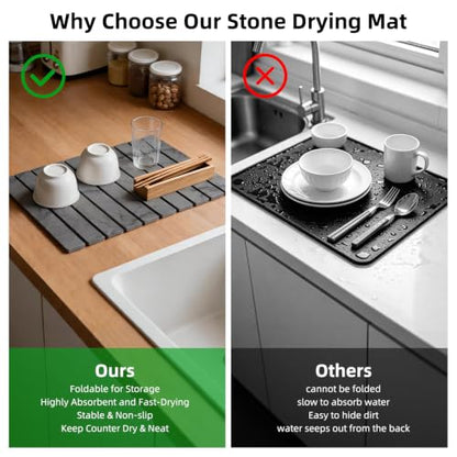 Large Stone Dish Drying Mat for Kitchen Counter, 24"×16" Foldable Quick Drying Mat, Absorbent Diatomaceous Earth Drying Mat for Bottles Cups Dishes, Match Any Countertop (Dark Gray Marble, 24" x 16") - color: Dark Gray Marble