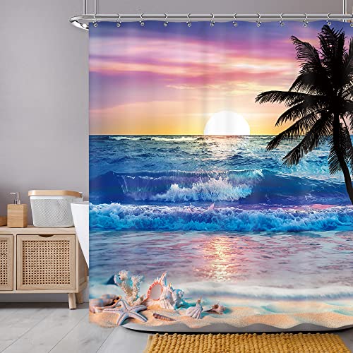 Ocean Sunrise Shower Curtain Beach Tropical Palm Tree Hawaiian Bathroom Set | 60Wx72H Coastal Sunset Summer Scenery Sea Wave Bathroom Decor,Waterproof Hd Printed,Quick-Dry Fabric with Free Hooks - color: A-01beach Purple, size: 60"W x 72"L (Pack of 1)