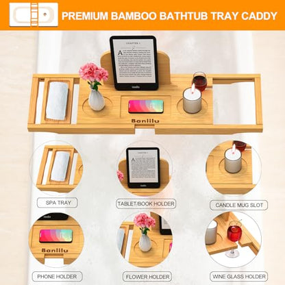 Banlilu Bathtub Tray - Bath Tray Expandable - Bath Tub Tray Table for Bathtub, Ajustable Size, Fits Most Tubs - color: Natural Bamboo Wood