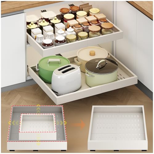 Fokyfok 2Pc Pull out Cabinet Organizer,14"-21"W,17"-24"D,Expandable | No Drill,Adjustable,Roll out Drawers,Adhesive Sliding Drawers,Slide out Shelves for Cabinets Without Lip,Kitchen,Pantry,White - size: (14"W-21"W)X(17"D-24"D)
